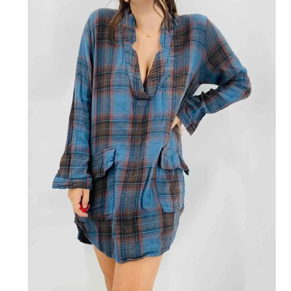Free People CP Shades Blue and Brown Plaid Tunic